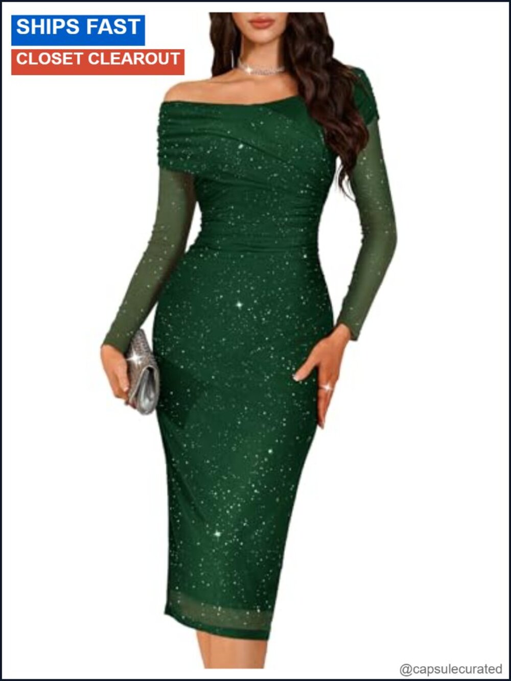Sparkly Off Shoulder Sequin Formal Wedding Guest Bodycon Midi Dress